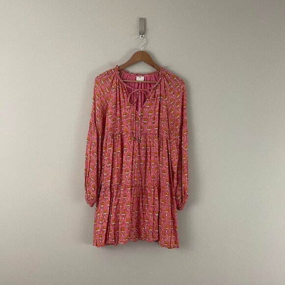 J Marie Pink Floral Long Sleeve Tiered Mini Dress Size Medium - Picture 1 of 7